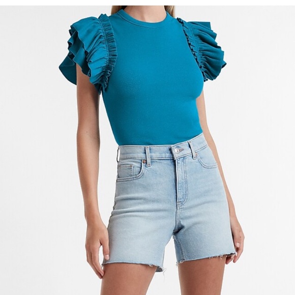 Express black Ribbed Ruffle Sleeve Tee - Picture 6 of 6